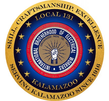 Gold and blue seal for IBEW Local 131, Kalamazoo, with a raised fist holding lightning bolts.