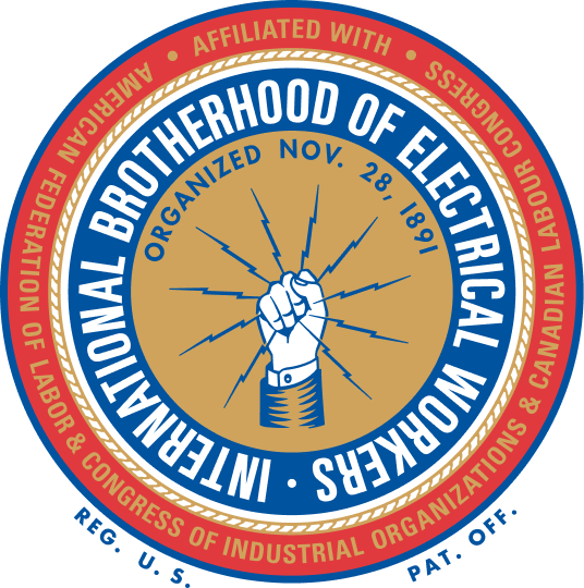 Seal of the International Brotherhood of Electrical Workers with a fist gripping lightning bolts.